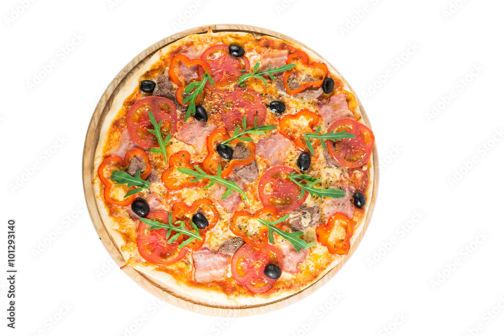 Tasty pizza with vegetables, chicken and olives isolated on white.A popular pizza topping in American-style pizzerias Tasty pizza with vegetables, chicken and olives isolated on white.A popular pizza topping in American-style pizzerias