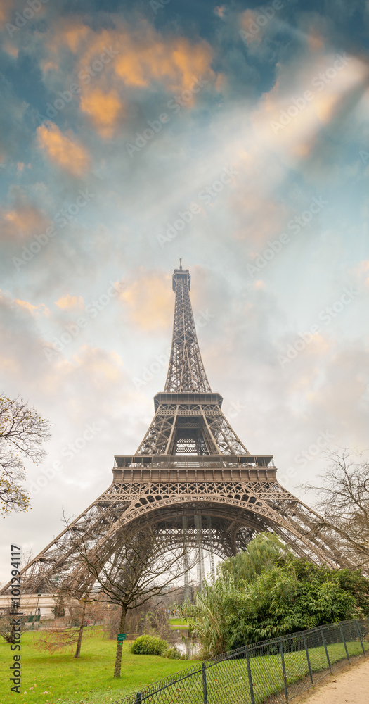The Eiffel Tower, Paris. Landmark view at sunset
