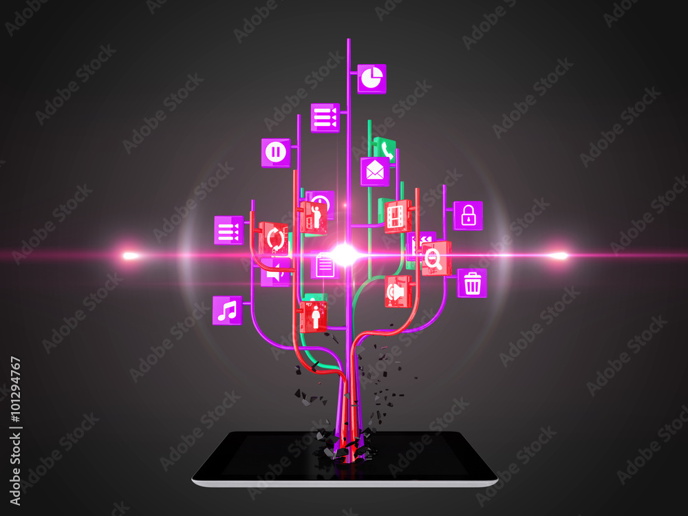 Social media icons set in tree shape on Modern black tablet pc Social media icons set in tree shape on Modern black tablet pc
