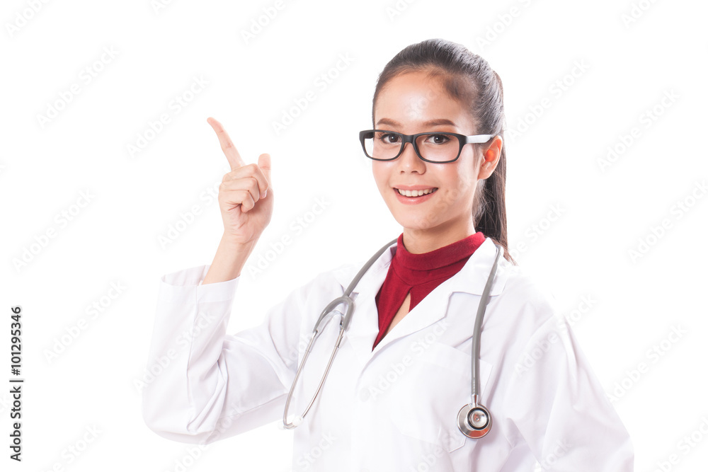 female doctor wearing glasses pointing up one finger. female doctor wearing glasses pointing up one finger.