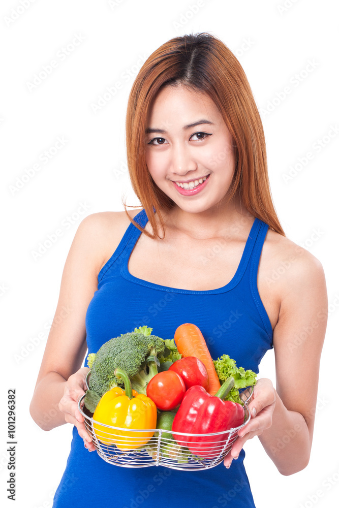 Healthy eating, happy young woman with vegetables on white background Healthy eating, happy young woman with vegetables on white background