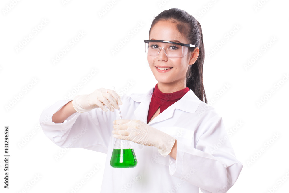 scientific researcher holding at a liquid solution on white background scientific researcher holding at a liquid solution on white background