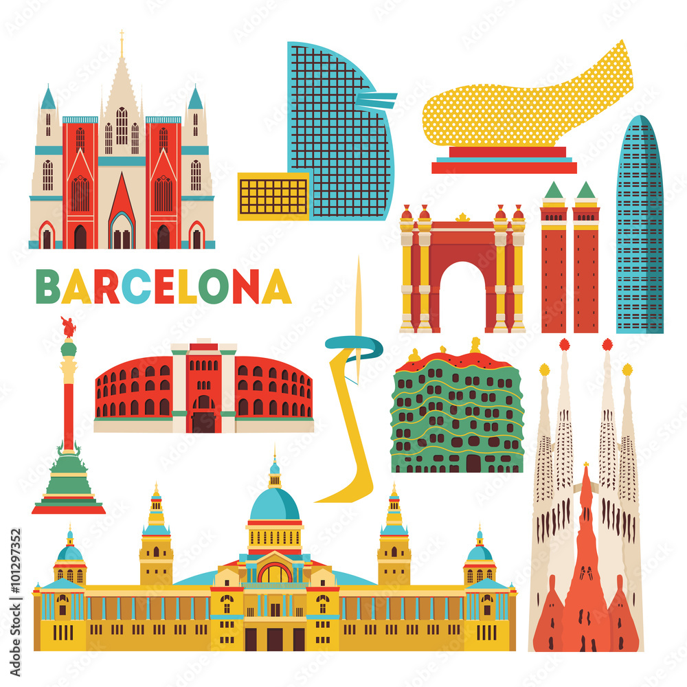 Barcelona  detailed monuments. Vector illustration
