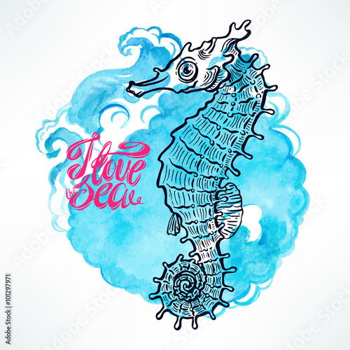 beautiful cute sketch seahorse on a watercolor blue background.