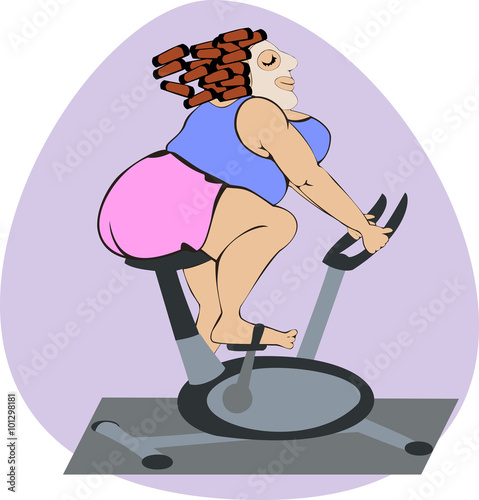 Fat girl in cosmetic mask and hair rollers engaged with the smile on the bike. All objects are grouped. Vector.