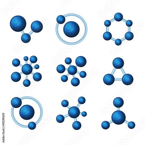 Abstract Blue Molecules Icon Set on White Background. Vector