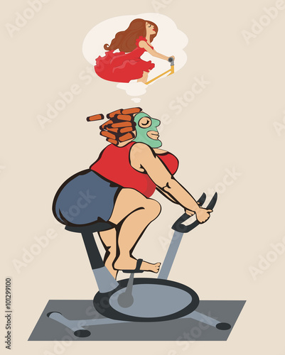 Fat girl engaged on a stationary bike and dreams of a beautiful figure.
