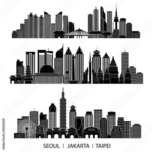skyline detailed silhouette set (Seoul, Jakarta, Taipei). Vector illustration