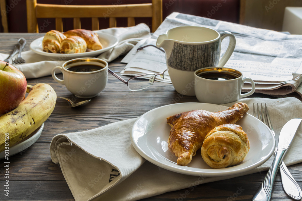 Coffee,fruit and croissants for Delicious Breakfast 
