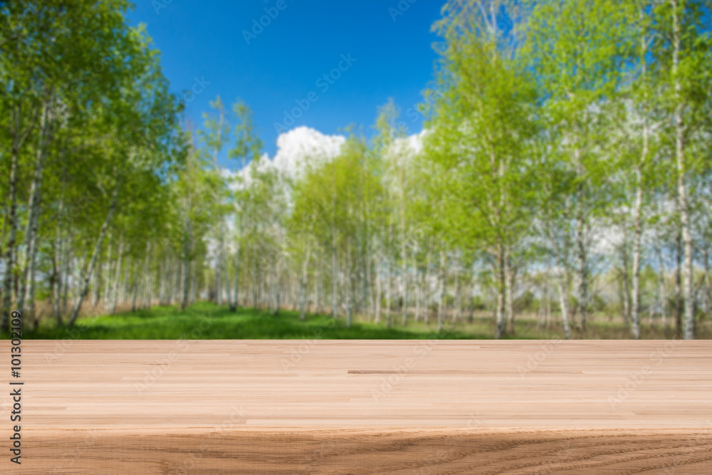 Empty wooden table with landscape background Empty wooden table with landscape background
