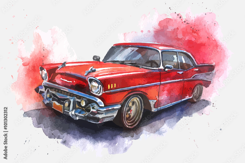Watercolor hand-drawn old-fashioned red car  - obrazy, fototapety, plakaty 