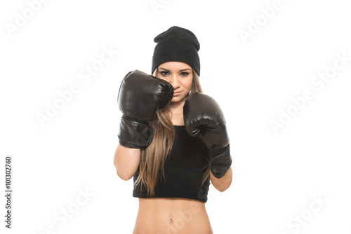 Woman With Boxing Gloves Isolated On White Background