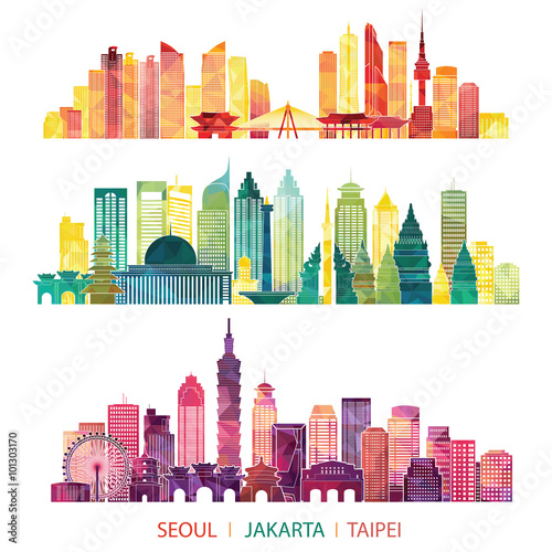 skyline detailed silhouette set (Seoul, Jakarta, Taipei). Vector illustration