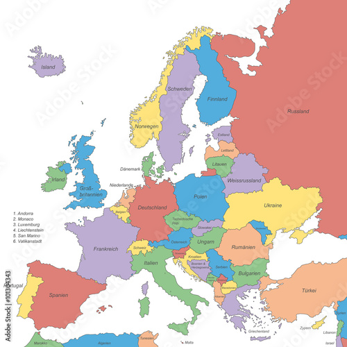 Kontinent Europa farbig (beschriftet) - Vektor