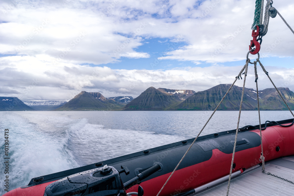 Fototapeta premium Heading to Horstrandir on a boat. Wesfjords in distance.