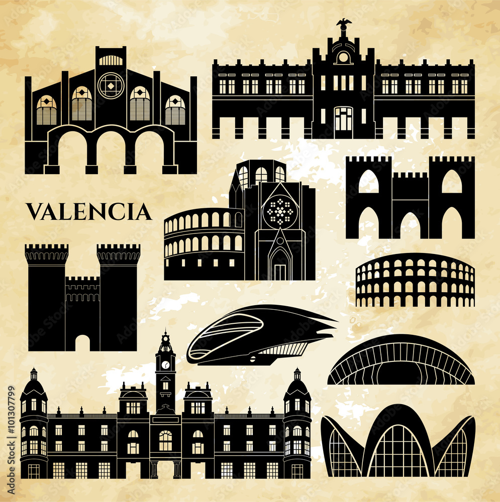 Valencia monuments detailed silhouette. Vector illustration Stock