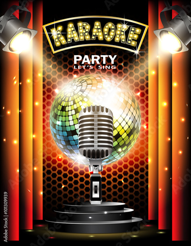 Stage with podium,retro microphone, disco ball and spotlights. Disco party or karaoke background.