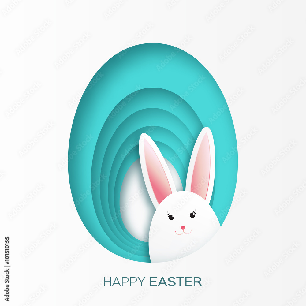 Greeting card with Happy Easter - with white paper Easter rabbit. Funny Bunny. Easter Bunny. Easter Egg Greeting card with Happy Easter - with white paper Easter rabbit. Funny Bunny. Easter Bunny. Easter Egg