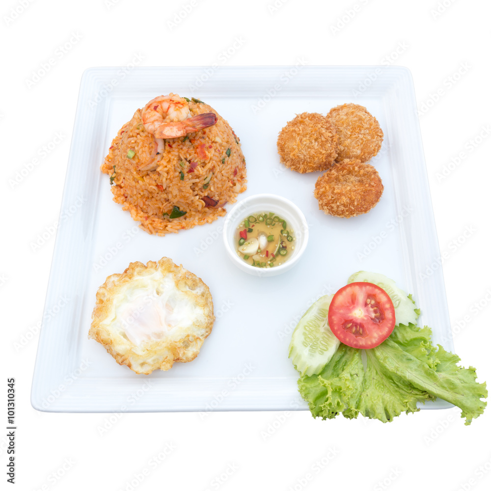 Fried rice with chili and prawns, deep-fried shrimp cakes, Fried Fried rice with chili and prawns, deep-fried shrimp cakes, Fried