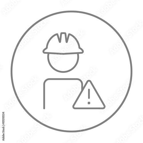 Worker with caution sign line icon.