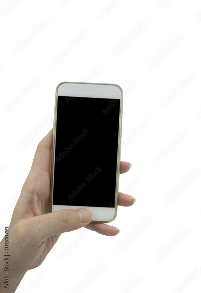 Hand holding smart phone isolated over white background - mockup Hand holding smart phone isolated over white background - mockup