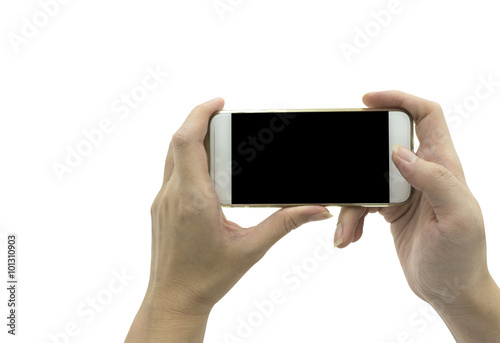 Hand holding smart phone isolated over white background - mockup