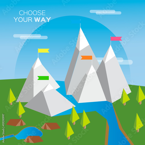 Vector flat flag on mountain. Choose you way. Mission. Success illustration. Wild nature. Mountain landscape. Camping and climbing. © masherdraws