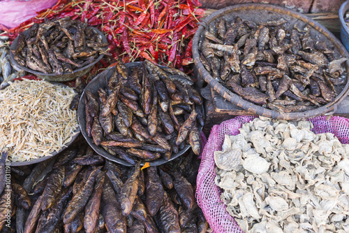 Smoked and dried fish in street of Kathmandu, Nepal