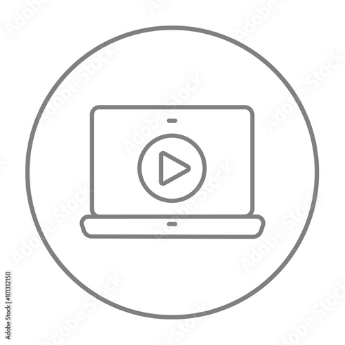 Laptop with play button on screen line icon.