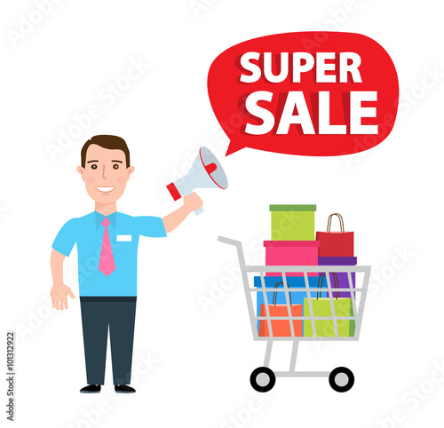 super sale. salesman seller manager with megaphone shopping cart with purchases and shopping bags isolated on white background.shopping sale concept illustration photo