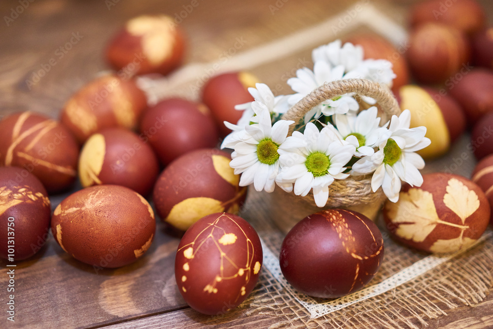 Easter eggs composition - rustic style flower right side Easter eggs composition - rustic style flower right side