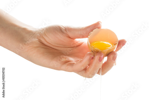 hand holds broken eggshell of brown raw egg