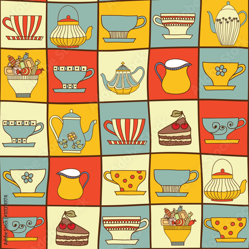 Vector seamless pattern with cups and teapots.