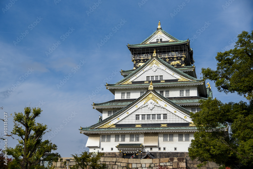 Osaka castle with blue sky