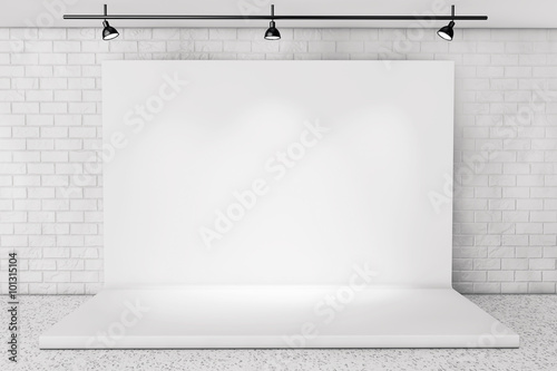 Fototapeta Naklejka Na Ścianę i Meble -  White Backdrop Stage in Room with Brick Wall