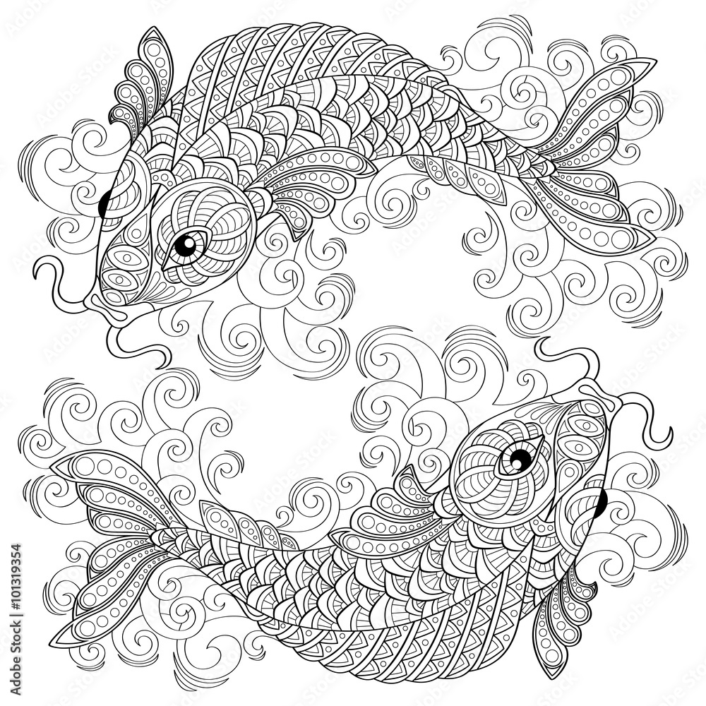 Obraz premium Koi fish. Chinese carps. Adult antistress coloring page. Black and white hand drawn doodle for coloring book