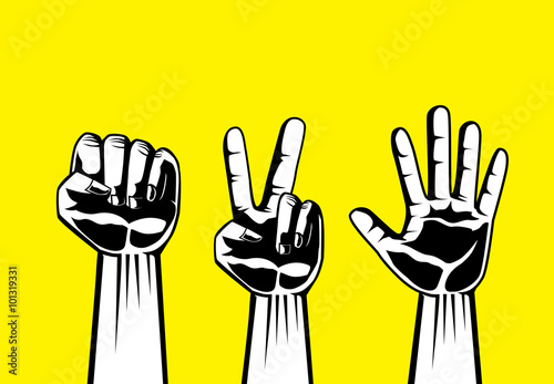 Rock Paper Scissors is hand game on yellow background.