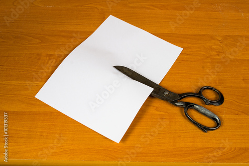 kartka papieru przecinana przez nożyczki