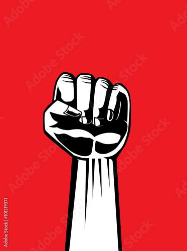 Fist of revolution on red background. Hand up for showing power of our.