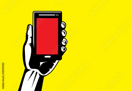 Hand holding smartphone have red screen in vector modern style
