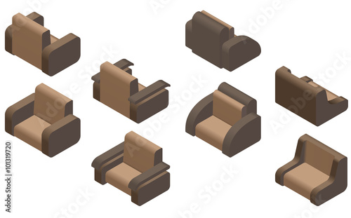  Set of four armchairs. Vector illustration. Set for isometric interior.