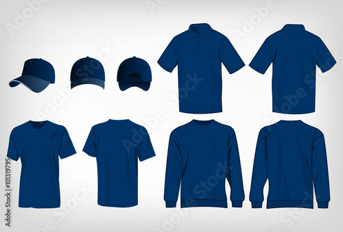 Sport blue t-shirt, sweater, polo shirt and baseball cap isolated set vector