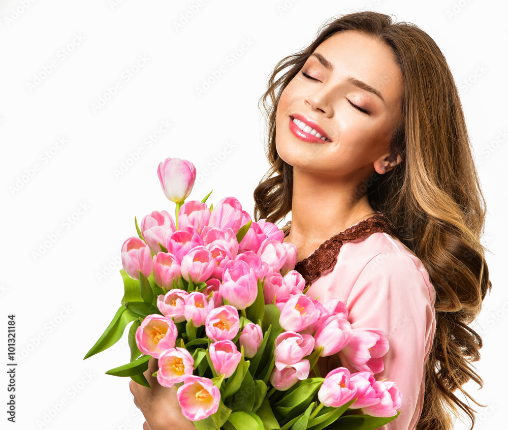 Woman with Spring Flower bouquet. Happy surprised model woman sm Woman with Spring Flower bouquet. Happy surprised model woman sm