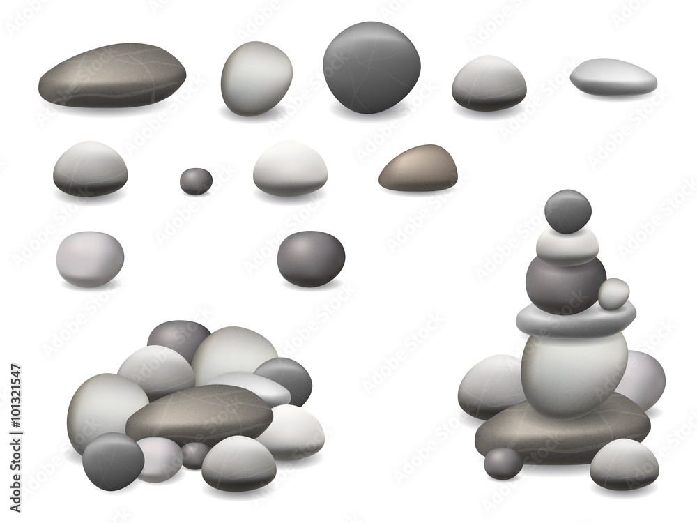 Set pebbles and natural stones of different shapes and colors. With examples of use. Vector realistic illustration, isolated on white background.
