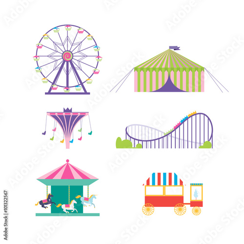 Amusement park vector set. Ferris wheel, roller coaster, popcorn
