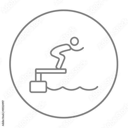 Swimmer jumping from starting block in pool line icon.