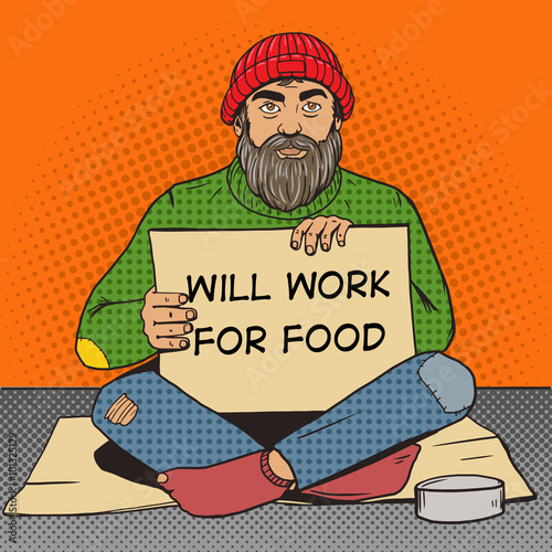 Homeless man with paper sign pop art vector