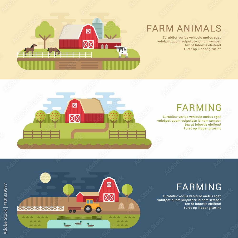 Set of Vector Flat Style Illustrations of Farm Landscape with Farmhouses and Fields. Web Banner Template