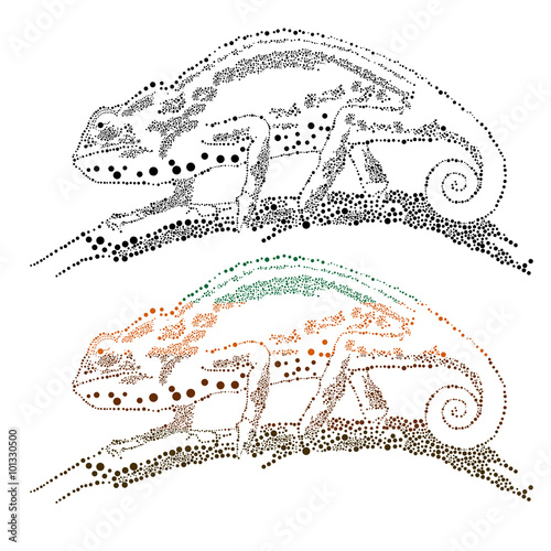 Abstract vector illustrations of a chameleon, lizards, reptiles black and white picture of a chameleon lizard sitting on a branch on a white background