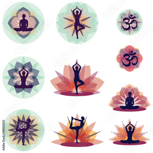 Yoga Silhouettes With Flower Background - Vector Illustration Set EPS10